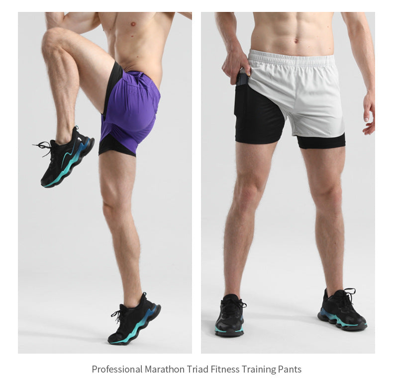 Men's Quick-drying Sports Shorts Fake Two-piece Fitness Triple Pants Marathon Running Pants Invisible Pocket for Mobile Phone