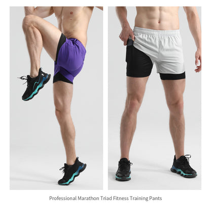 Men's Quick-drying Sports Shorts Fake Two-piece Fitness Triple Pants Marathon Running Pants Invisible Pocket for Mobile Phone
