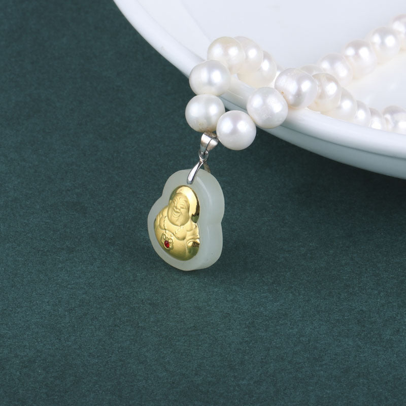 8-9 Natural Freshwater Pearl Necklace, Gold-Inlaid Jade Small Buddha Jade Necklace, Gift for Mom on Mother's Day
