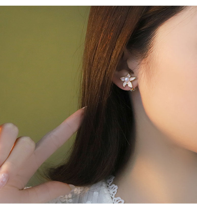 Original Handmade Natural Pearl Five-Petal Cherry Blossom Ear Clip Simple Niche High-End S925 Sterling Silver Earrings Ear Jewelry