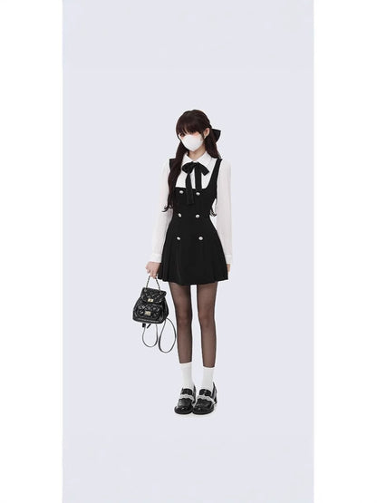 French dress Autumn Fake Two-piece Long-sleeved Slim 2025 New College Style Bow Fake Two-piece dress