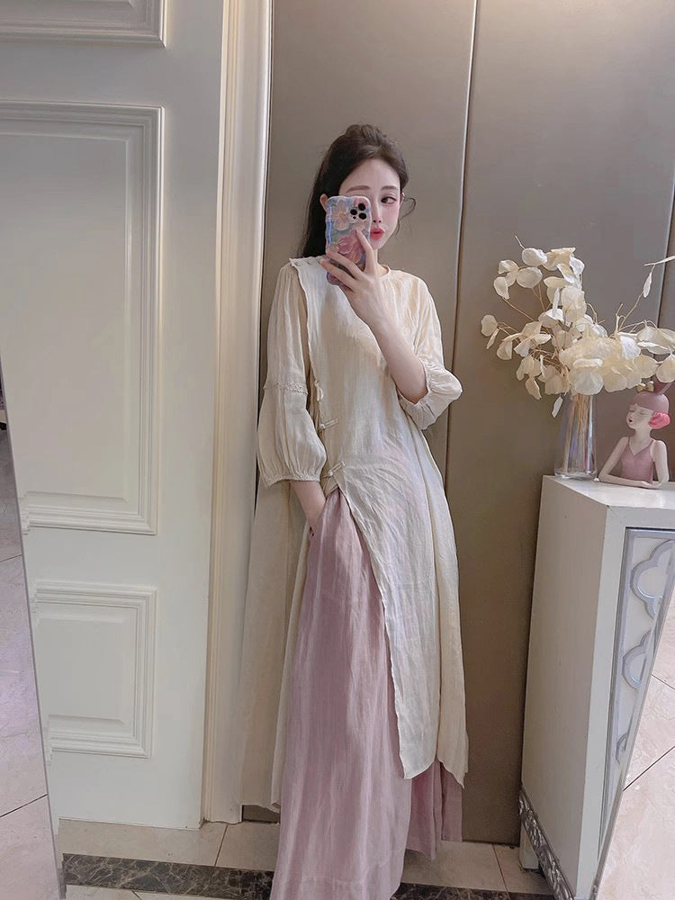 Summer New Style Quality Ramie Handmade Buckle Lace Lace Guofeng dress Double-Layer Skirt suit
