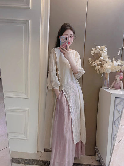 Summer New Style Quality Ramie Handmade Buckle Lace Lace Guofeng dress Double-Layer Skirt suit
