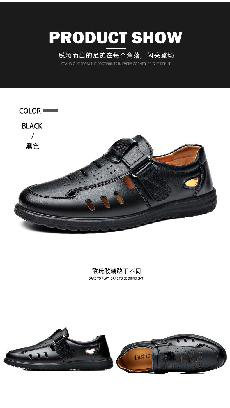 Leather cowhide special clearance shoes hollow leather sandals men's casual hole shoes middle-aged business dad shoes