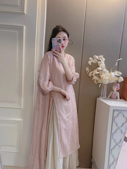 Summer New Style Quality Ramie Handmade Buckle Lace Lace Guofeng dress Double-Layer Skirt suit