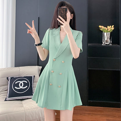 French Hepburn Style Small Black Dress High Sense High Cold Royal Sister Fried Street Small Fragrance Style Pleated Professional Suit dress Summer