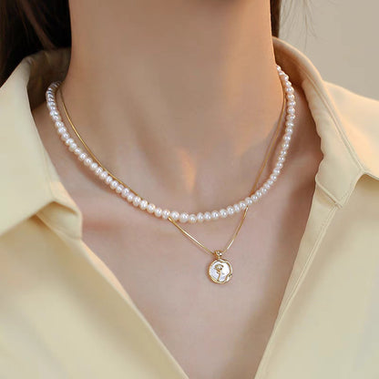 Natural Freshwater Non-nuclear Pearl Double Layer Overlapping Necklace Women's Mother-of-Fritillary Rose Pendant Gold Plated Sweet Light Luxury Set
