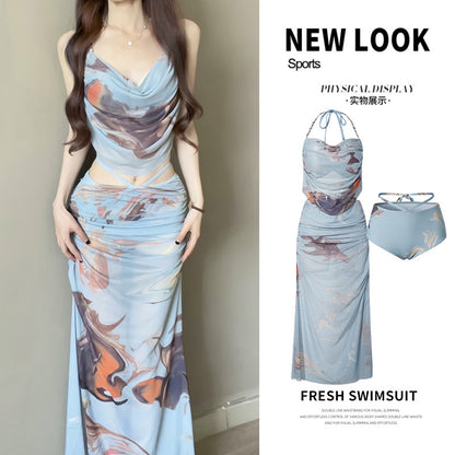 Hot Girl Bikini Swimsuit Female Three-Piece Seaside Vacation Long Skirt Small Breast Push-Up with Underwire Sexy Hot Spring Swimsuit