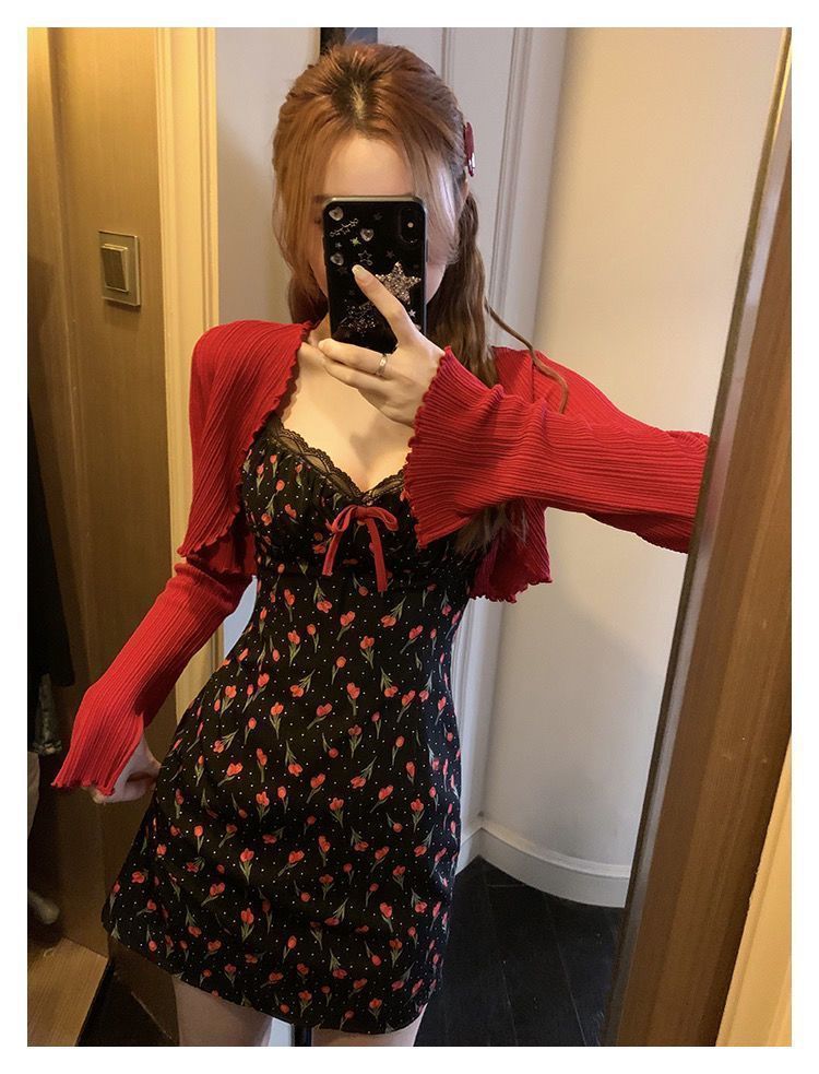 Plus Size Fat mm French Sweet Sexy Sweet Contrasting Suspender Skirt Women's Summer Red Cardigan + Floral Skirt Two-Piece Set