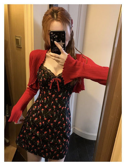 Plus Size Fat mm French Sweet Sexy Sweet Contrasting Suspender Skirt Women's Summer Red Cardigan + Floral Skirt Two-Piece Set
