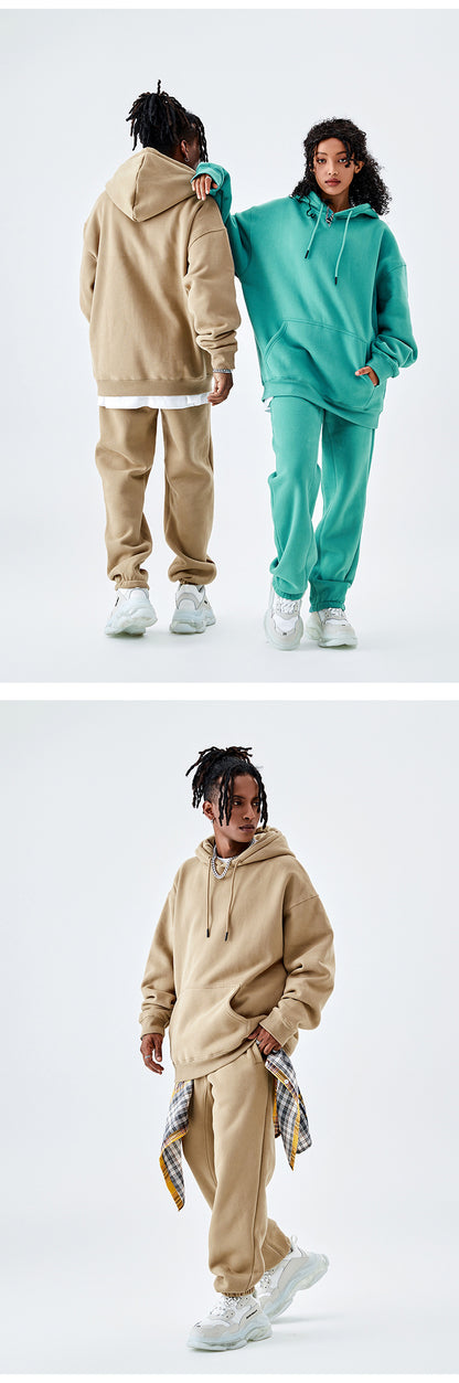 Tilani Men's Clothing European and American Trendy Brand High Quality 350g Fleece-Lined Thick Men's and Women's Hooded Sweatshirt and Sweatpants Pure Color Suit