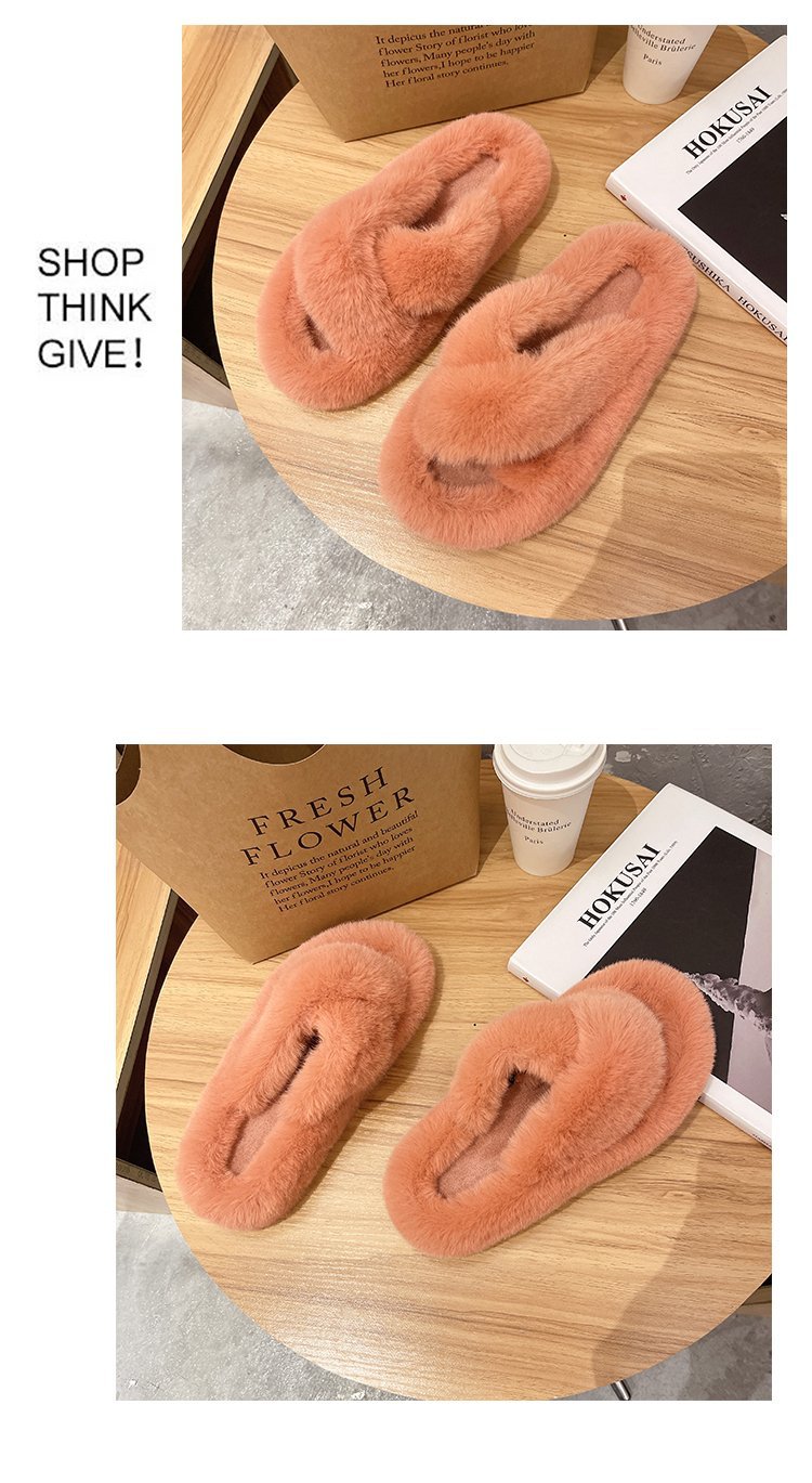 Foreign Trade Furry Slippers for Women 2025 Autumn and Winter New Korean Style Lazy Outer Wear Cross Thick-Soled Open-Toe Slippers for Outer Wear