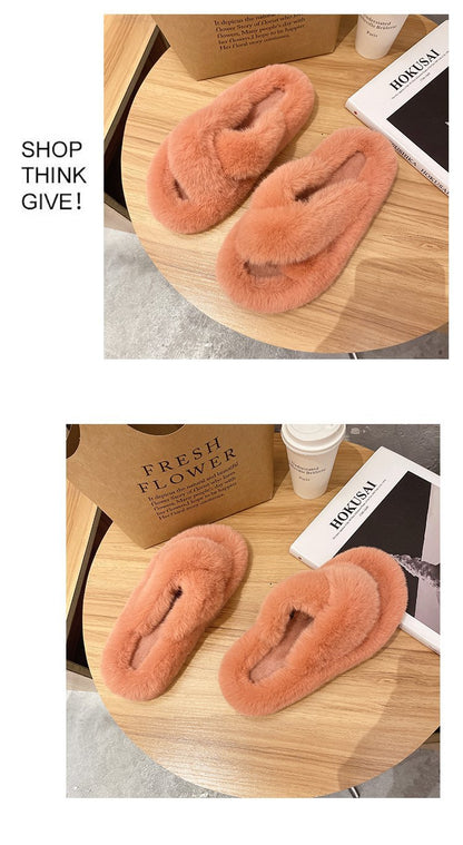 Foreign Trade Furry Slippers for Women 2025 Autumn and Winter New Korean Style Lazy Outer Wear Cross Thick-Soled Open-Toe Slippers for Outer Wear