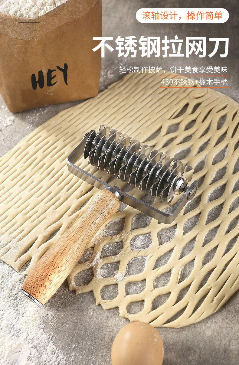 in stock Pizza Mesh Knife Pizza Tools Baking Tools Stainless Steel Wooden Handle Pizza Roller Knife Snack Hob