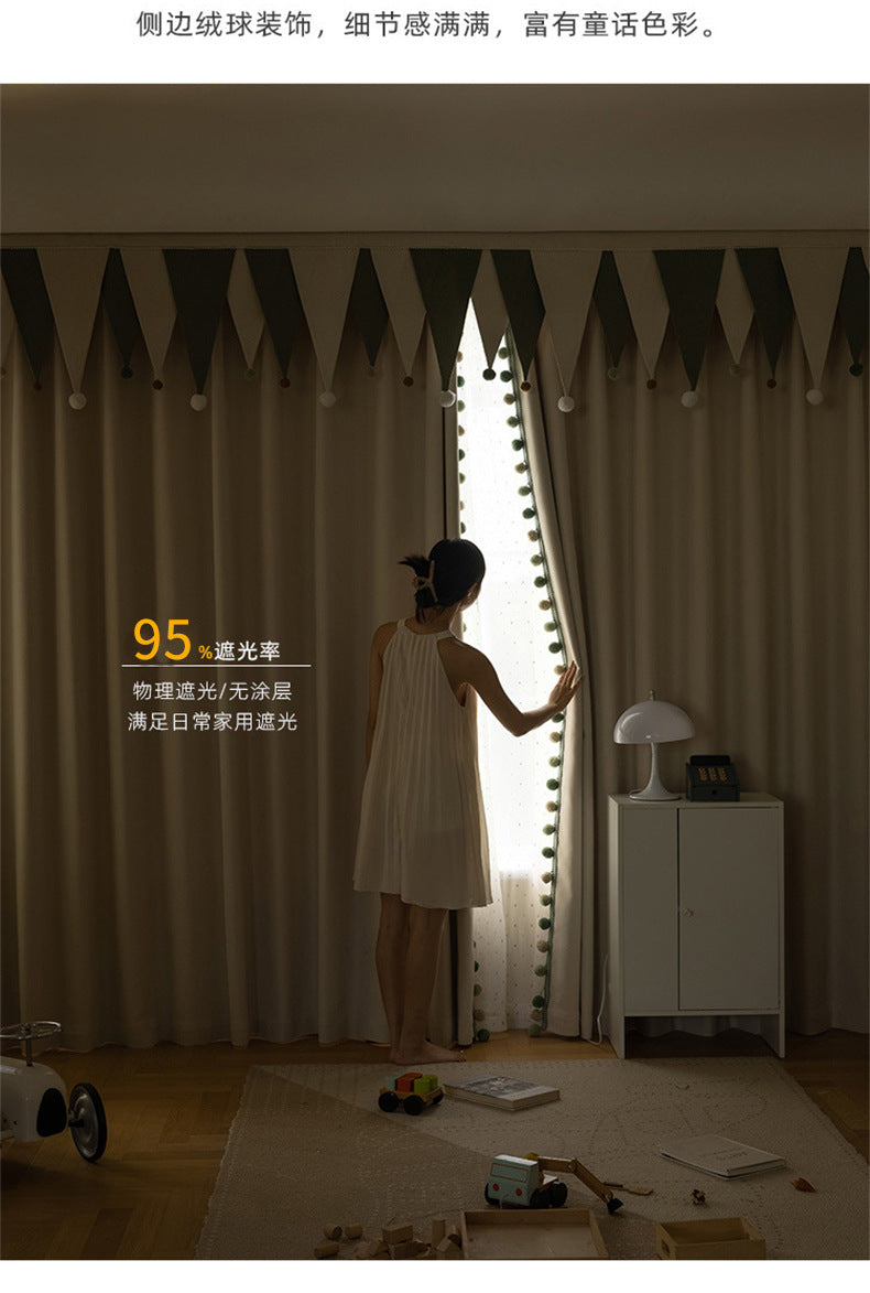 Cream-Colored Chenille Blackout Curtains for Children's Room, Sleeping Beauty Style, with Pom-Pom Design, Custom-Made Finished Product