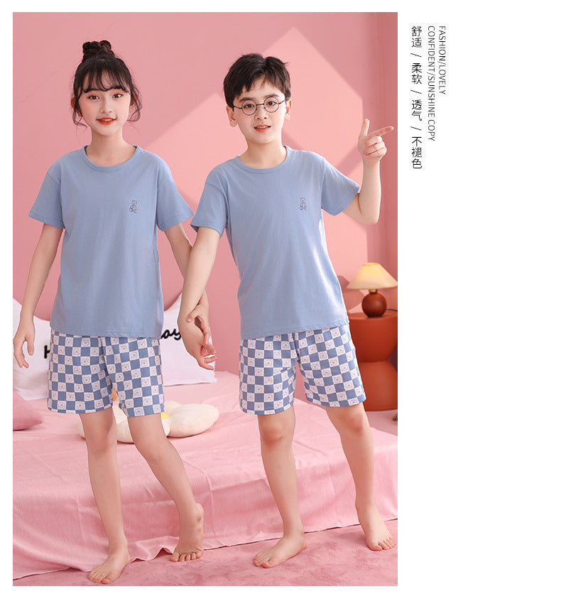 Children's Pajamas, Pure Cotton, Summer Short-Sleeved Shorts Set for Boys, Home Clothes for Girls, Air-Conditioned Clothes for Middle-Aged and Older Boys