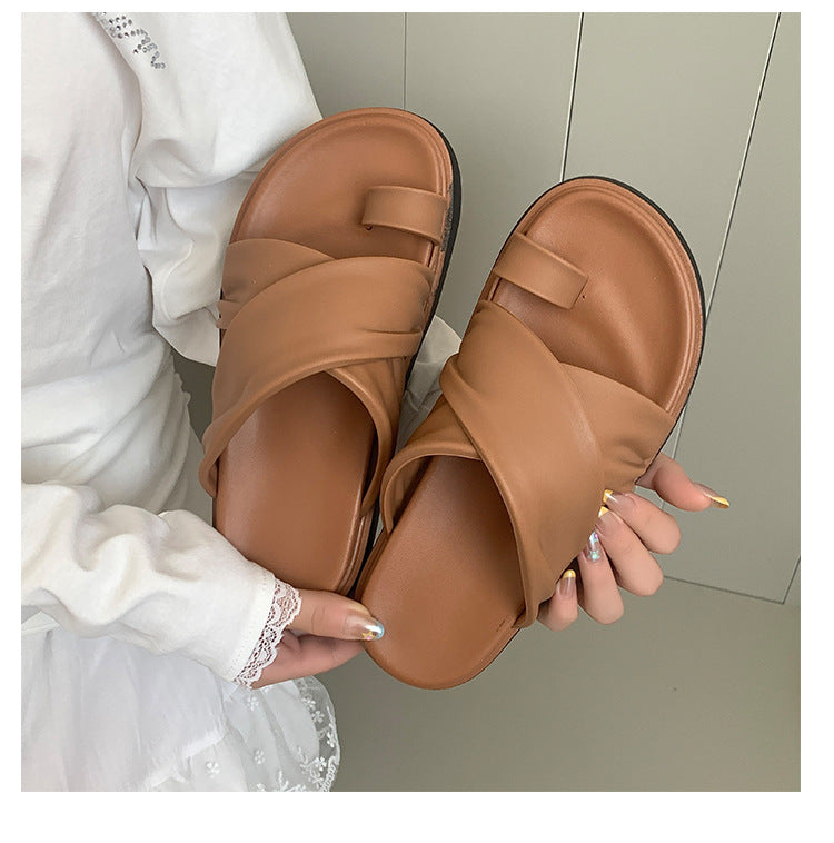 Thick-bottom Slippers Women's 2025 Summer New Beach Outer Wear Cross-belt Cross-border Foreign Trade Flat Beach Sandals
