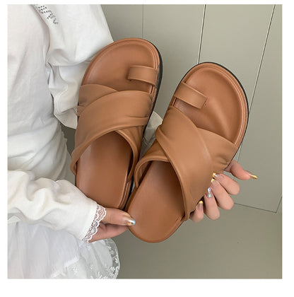 Thick-bottom Slippers Women's 2025 Summer New Beach Outer Wear Cross-belt Cross-border Foreign Trade Flat Beach Sandals