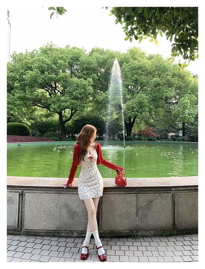 Plus Size Fat mm French Sweet Sexy Sweet Contrasting Suspender Skirt Women's Summer Red Cardigan + Floral Skirt Two-Piece Set