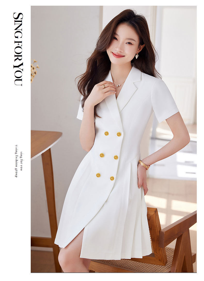 French Hepburn Style Small Black Dress High Sense High Cold Royal Sister Fried Street Small Fragrance Style Pleated Professional Suit dress Summer