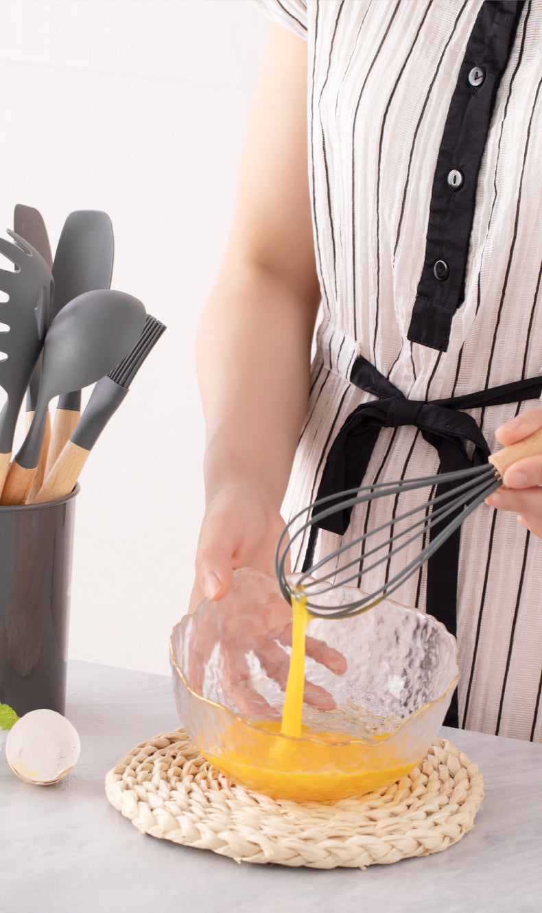 Wholesale Wooden Handle Silicone Kitchenware 12 Pieces suit Household Non-Stick Cooking High Temperature Resistant Cooking Silicone Spoon suit