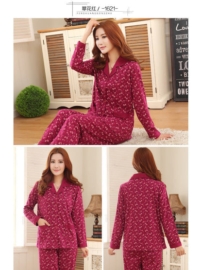 Autumn and Winter Women's 100 Pure Cotton Pajamas Women's Loose Cardigan for Middle-aged and Elderly Mothers Spring and Autumn Long-sleeved Casual Home Clothes