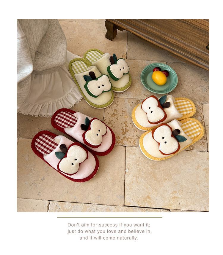 Apple Cute Closed-Toe Plush Cotton Slippers for Women, Winter 2026 New Model, Indoor Home Warm Non-Slip Odor-Resistant