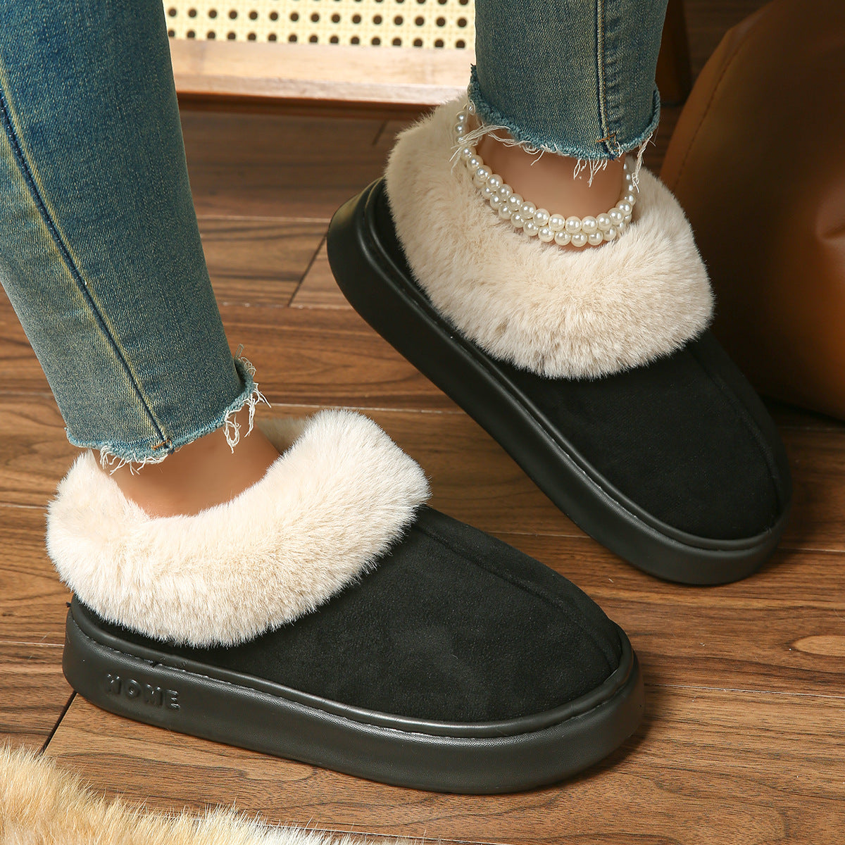2025 Cross-Border New Pure Color Suede Splicing Home Slippers Thick-Soled Non-Slip Plush Warm Couple Cotton Shoes for Women