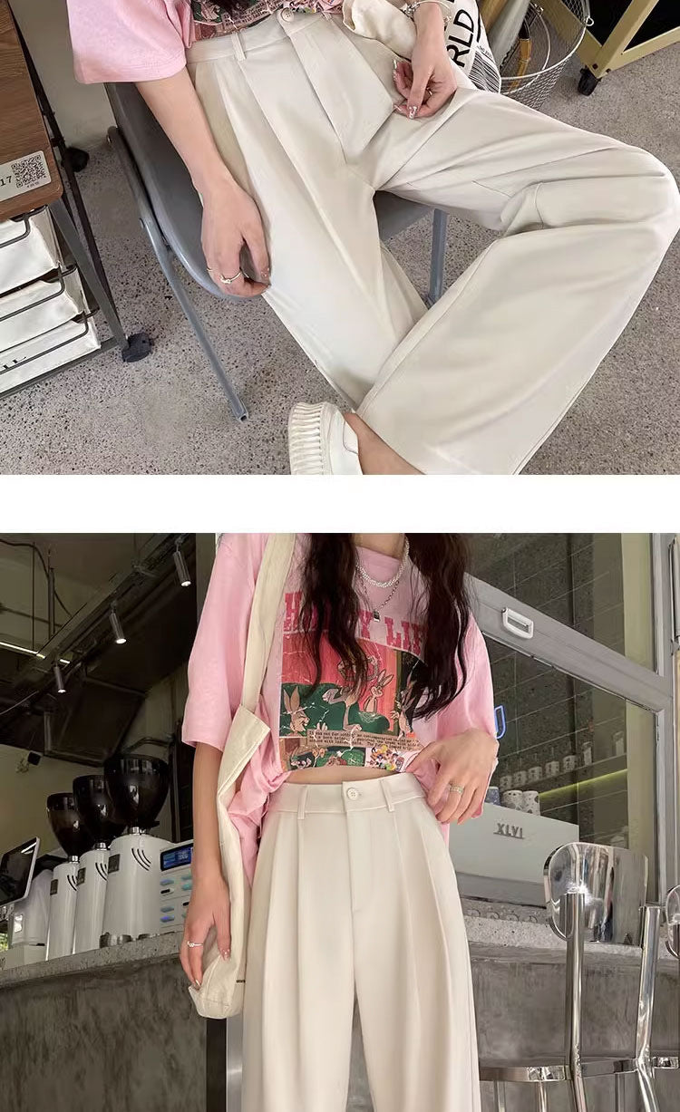 Gray Suit Pants for Women Spring and Summer New High-Waisted Double Pleated Slim Floor-Length Trousers Casual Straight Wide-Leg Pants