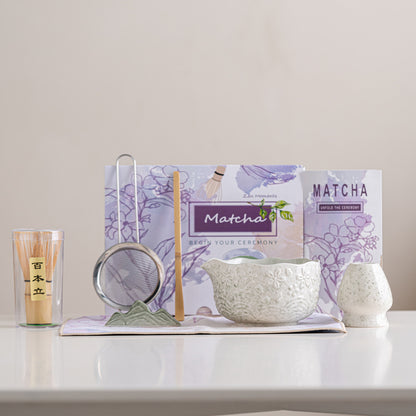 Directly Supplied from the Manufacturer, Exclusively for Cross-Border Trade, Ceramic Matcha Bowl Set with Embossed Cherry Blossom Design, 7-Piece Set with Spout, High Aesthetic Value, Color Box Packaging
