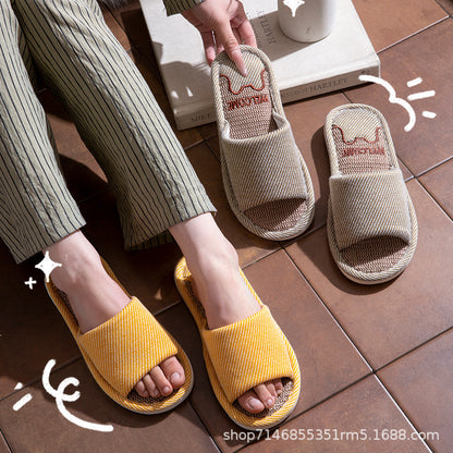 Linen Slippers Men's Breathable Indoor Home Non-slip Soft Bottom Mute Sweat Absorbing Spring and Autumn Four Seasons Foot Bear Floor Slippers