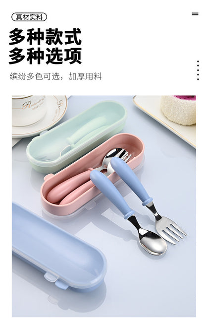 Children's 304 stainless steel fork spoon suit baby complementary food training eating spoon portable feeding tableware spoon