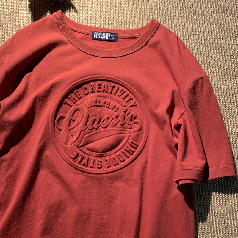 Concave-Convex Three-Dimensional Short-Sleeved T-Shirt for Men, American Retro Oversize Top, 3D Printed Letter T-Shirt, Cross-Border Trendy Brand