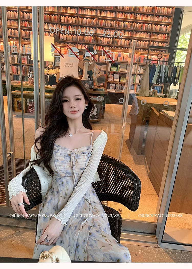 French Style Waisted Gentle Floral dress Women's Seaside Beach Vacation Fairy dress Elegant Pure Slip Dress