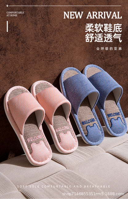 Linen Slippers Men's Breathable Indoor Home Non-slip Soft Bottom Mute Sweat Absorbing Spring and Autumn Four Seasons Foot Bear Floor Slippers