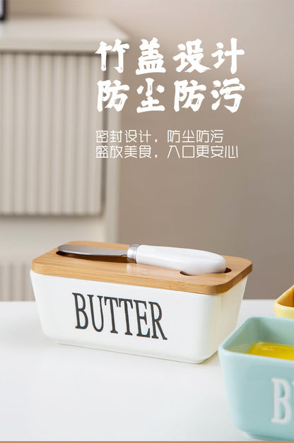 Ceramic Butter Box Rectangular Butter Sealing Box Cuttable Refrigerated Refrigerator Cheese Storage Box with Wooden Lid Butter Dish