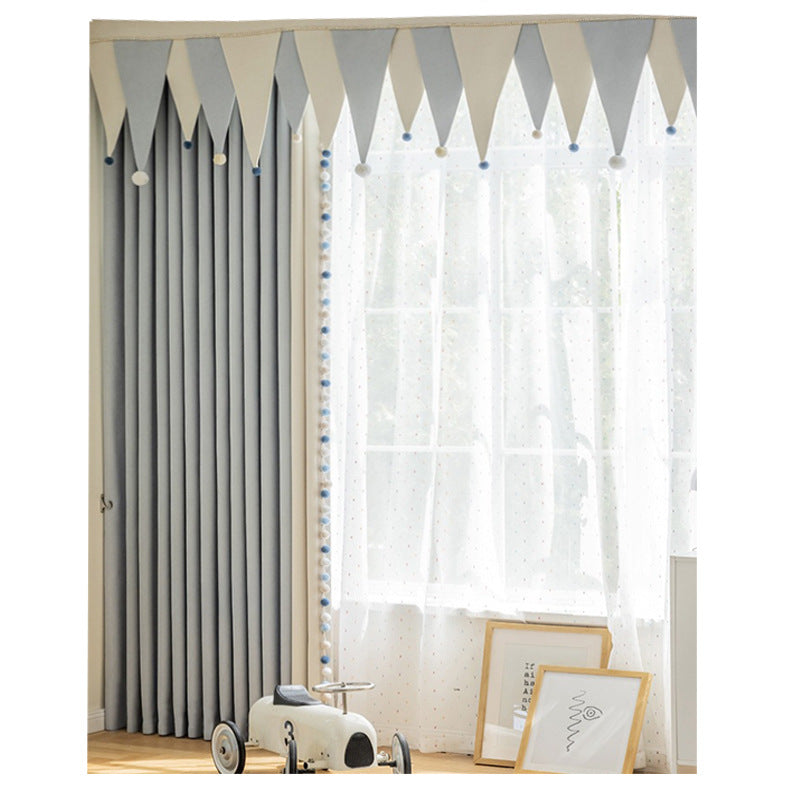 Cream-Colored Chenille Blackout Curtains for Children's Room, Sleeping Beauty Style, with Pom-Pom Design, Custom-Made Finished Product