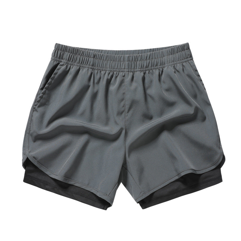 Men's Quick-drying Sports Shorts Fake Two-piece Fitness Triple Pants Marathon Running Pants Invisible Pocket for Mobile Phone
