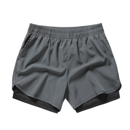 Men's Quick-drying Sports Shorts Fake Two-piece Fitness Triple Pants Marathon Running Pants Invisible Pocket for Mobile Phone