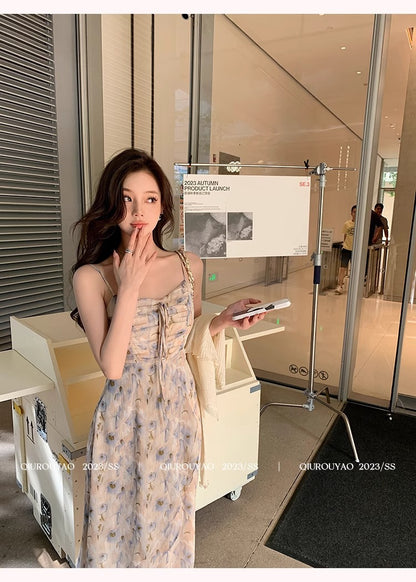 French Style Waisted Gentle Floral dress Women's Seaside Beach Vacation Fairy dress Elegant Pure Slip Dress