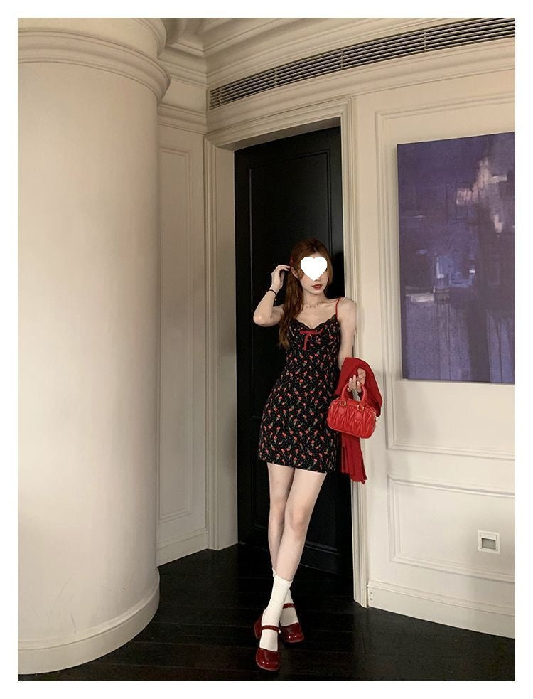 Plus Size Fat mm French Sweet Sexy Sweet Contrasting Suspender Skirt Women's Summer Red Cardigan + Floral Skirt Two-Piece Set