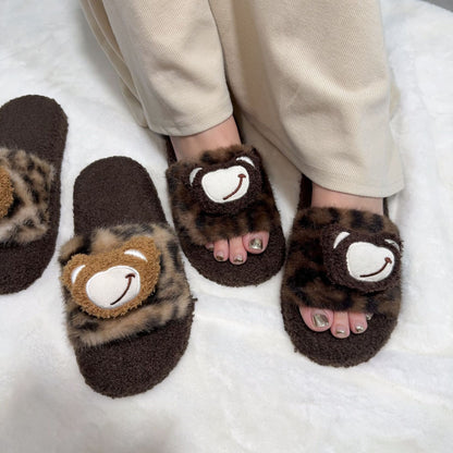 2025 Autumn and Winter New Leopard Print Warm Fur Slippers, One-Line Outer Wear Cotton Slippers, Home Slippers, Fashionable Outer Wear Slippers for Women