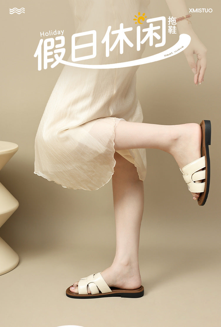 2025 New French Retro Leather Slippers Niche Casual Flat Versatile Slip-On Sandals for Women