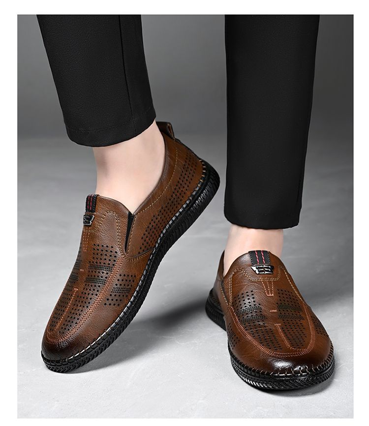 [Broken Size Processing] Leather Shoes Men's Genuine Leather Hole Shoes Dad Shoes Summer Soft Bottom Breathable Lazy Bean Shoes