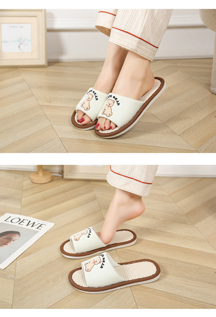 Bear Style Indoor Linen Slippers for Women Summer Home Non-Slip Women's Spring & Fall Seasons Fabric Floor Mops