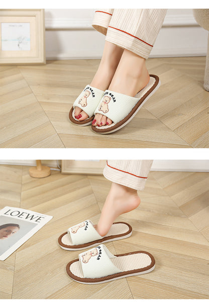Bear Style Indoor Linen Slippers for Women Summer Home Non-Slip Women's Spring & Fall Seasons Fabric Floor Mops