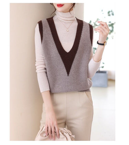 Woolen sweater knitted vest for women 2023 Autumn New sleeveless stacked color matching V-neck wool warm vest waistcoat