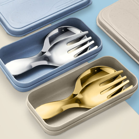 Stainless Steel Portable Spoon and Fork Set Children's Rice Spoon Dessert Spoon Fruit Fork Short Handle Fork Spoon Mini Tableware by PDG ibma