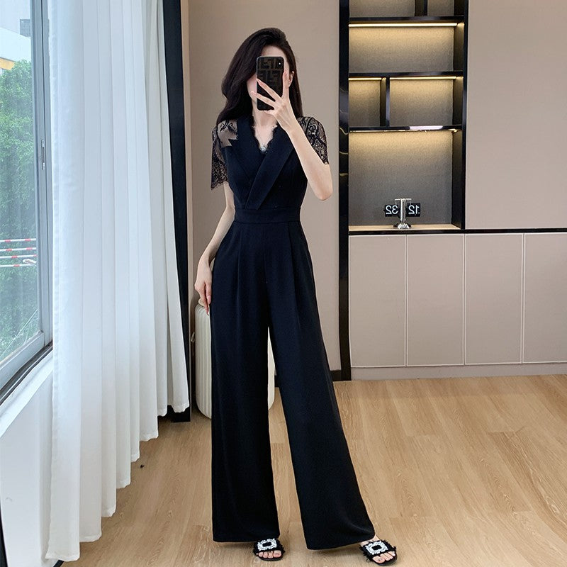 Cross-border High Leng Yujie Style Pants Women's Summer Short-sleeved High Waist Lace Stitching Hollow-out Pants Straight Pants