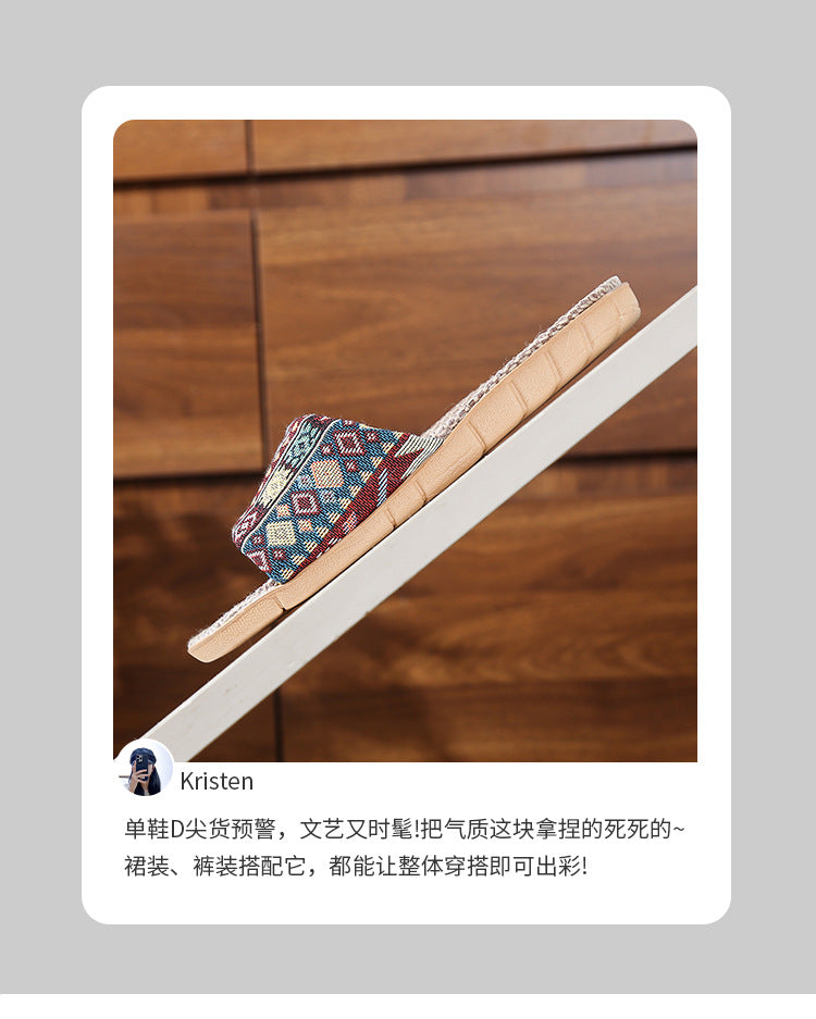 Four Seasons Home Linen Slippers Fashion Printed Thick Sole Non-Slip Sweat-Absorbent Wear-Resistant Large Sole Couple Linen Slippers Ethnic Style